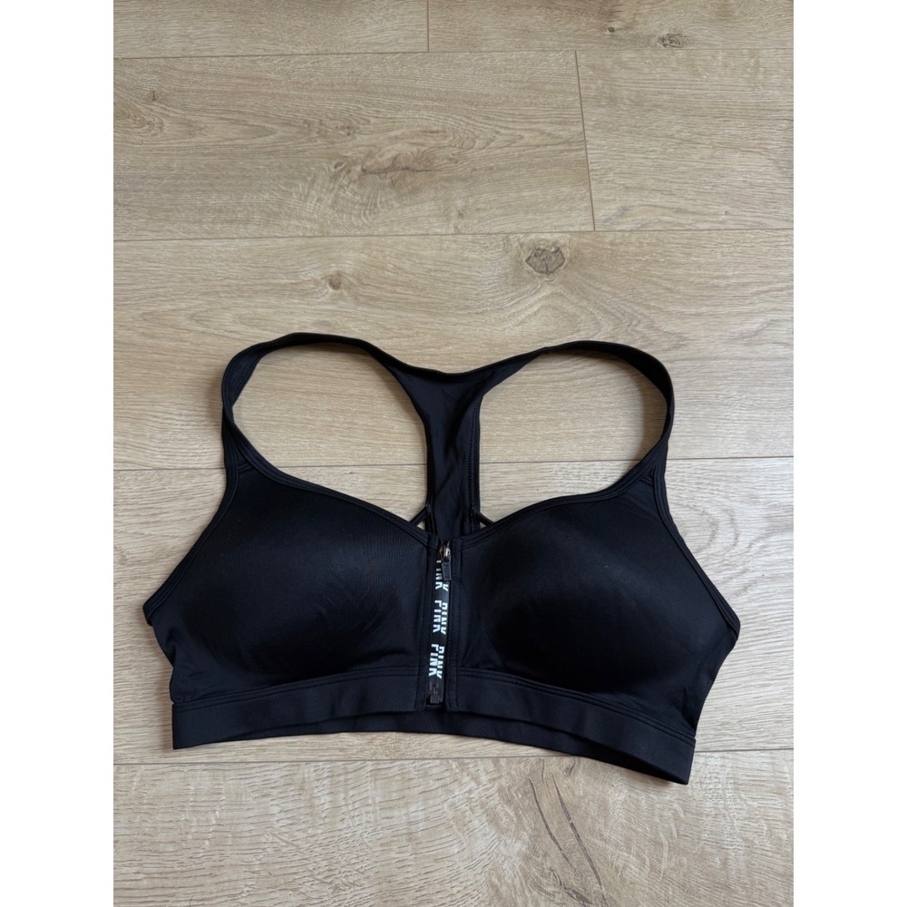 EUC Victoria Secret Pink ULTIMATE push cup zip front black sports strapy size M